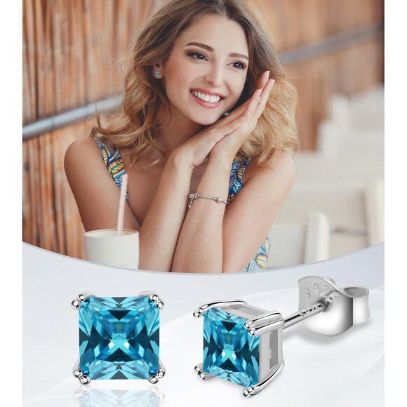 Womens Blue Cubic Zirconia 18K White Gold Plated 925 Sterling Silver Earrings - Picture 2 of 6